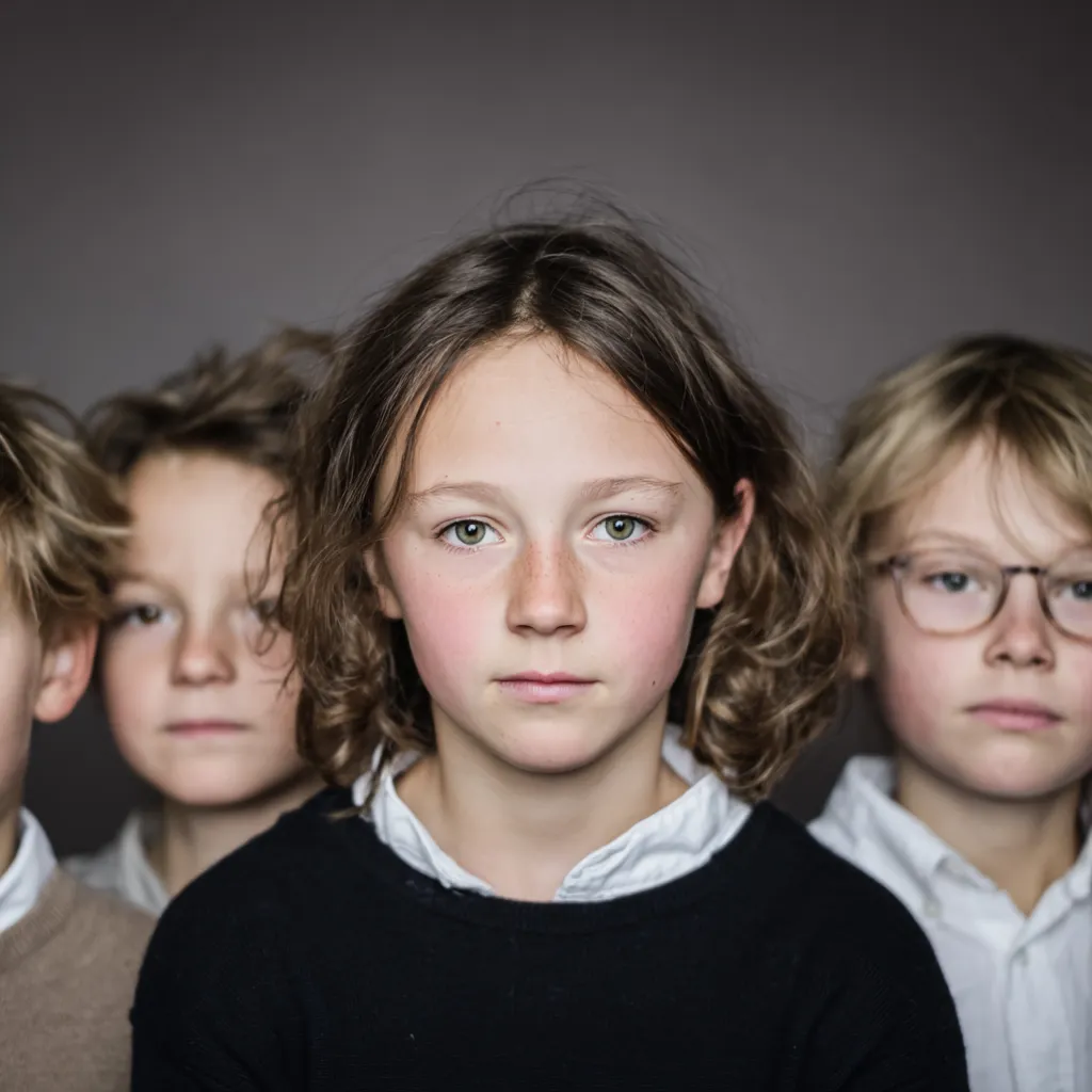 Verschiedene Schüler mit ernstem Blick, ca. 12 Jahre alt