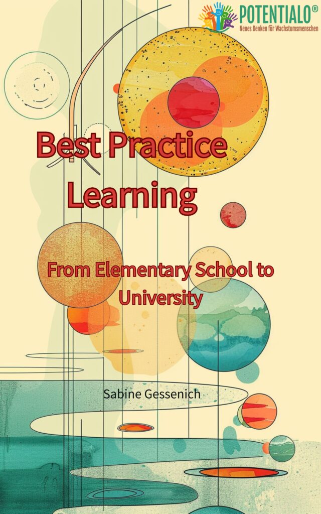 Cover des Buches "Best Practice Learning" aus der POTENTIALO®-Serie mit Bildungssymbolen und grafischen Elementen, die den Lernweg von der Grundschule zur Universität darstellen.
