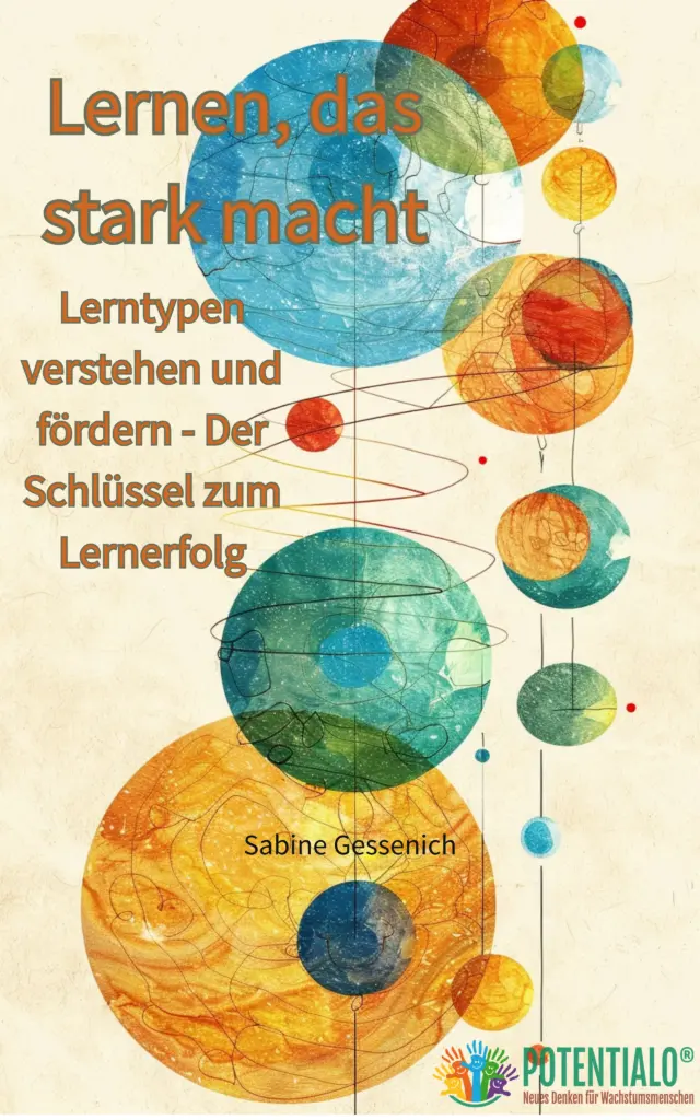 Geplantes Cover für "Lernen, das stark macht" mit vielfältigen Symbolen für verschiedene Lerntypen und dem charakteristischen POTENTIALO®-Design der "stark macht"-Reihe.