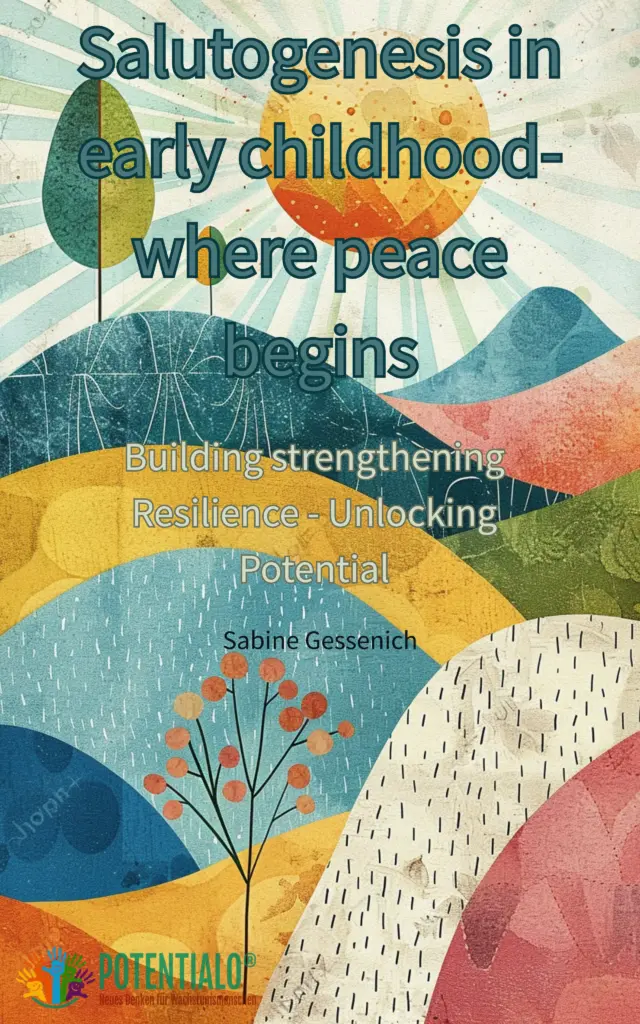 Cover von "Salutogenesis in early childhood" der POTENTIALO®-Serie mit friedvollen, kindgerechten Motiven und Symbolen für Gesundheit und frühe Entwicklung.