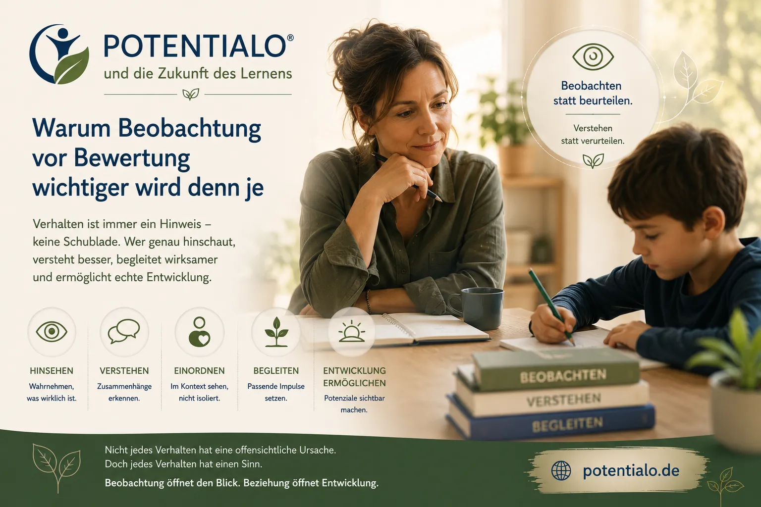 Beobachtung statt Bewertung Warum Beobachtung vor Bewertung wichtiger wird denn je Wer mit Kindern arbeitet, muss täglich Entscheidungen treffen. Braucht dieses Kind mehr Unterstützung? Ist es überfordert? Ist es unkonzentriert? Fehlt Motivation? Liegt eine Lernstörung vor? Oder braucht es einfach mehr Zeit? Oft werden solche Einschätzungen innerhalb weniger Minuten getroffen. Manchmal sogar innerhalb weniger Sekunden. Ein Verhalten wird beobachtet und sofort eingeordnet. Aus einem Kind, das häufig aufsteht, wird schnell das unruhige Kind. Aus einem Kind, das wenig spricht, das schüchterne Kind. Aus einem Kind, das Aufgaben verweigert, das unmotivierte Kind. Bewertungen geben Orientierung. Sie helfen uns, Situationen einzuordnen und Entscheidungen zu treffen. Gleichzeitig bergen sie jedoch eine Gefahr. Denn jede Bewertung beendet zunächst das Fragen. Wer glaubt zu wissen, warum ein Kind sich so verhält, sucht häufig nicht mehr weiter. Genau an diesem Punkt beginnt der Unterschied zwischen einer leistungsorientierten und einer entwicklungsorientierten Sicht auf Lernen. Der POTENTIALO®-Ansatz geht davon aus, dass jedes Verhalten zunächst eine Information ist. Es erzählt etwas über die aktuelle Situation eines Menschen. Es zeigt, welche Erfahrungen gemacht wurden, welche Bedürfnisse vorhanden sind oder welche Herausforderungen gerade bewältigt werden müssen. Verhalten ist deshalb weniger ein Problem als vielmehr eine Einladung, genauer hinzuschauen. Professionelle Beobachtung bedeutet nicht, möglichst viel wahrzunehmen. Sie bedeutet, möglichst wenig vorschnell zu interpretieren. Das klingt einfacher, als es ist. Denn unser Gehirn liebt schnelle Erklärungen. Es erkennt Muster, vergleicht mit bisherigen Erfahrungen und bildet innerhalb kürzester Zeit Hypothesen. Genau das macht menschliches Denken effizient. Gleichzeitig führt es dazu, dass wir häufig das sehen, was wir bereits erwarten. Wer ein Kind einmal als unkonzentriert abgespeichert hat, nimmt vor allem Situationen wahr, die dieses Bild bestätigen. Momente großer Ausdauer oder hoher Konzentration geraten dagegen leicht in den Hintergrund. Professionelle Beobachtung versucht deshalb, den eigenen Blick immer wieder neu zu öffnen. Nicht: Das ist ein unruhiges Kind. Sondern: In welchen Situationen wird dieses Kind unruhig? Nicht: Es ist unmotiviert. Sondern: Wann zeigt dieses Kind Interesse? Nicht: Es kann das nicht. Sondern: Unter welchen Bedingungen gelingt es bereits? Diese kleinen sprachlichen Veränderungen verändern auch unser pädagogisches Handeln. Wer nach Bedingungen fragt, beginnt Entwicklungsmöglichkeiten zu erkennen. Gerade in einer Zeit, in der immer mehr Diagnosen gestellt, Daten erhoben und Lernleistungen verglichen werden, gewinnt diese Haltung an Bedeutung. Moderne Technologien können Verhalten dokumentieren. Sie können Leistungen auswerten und Muster erkennen. Was sie jedoch nicht können, ist die Bedeutung eines Verhaltens im individuellen Lebenskontext eines Kindes verstehen. Das bleibt eine zutiefst menschliche Aufgabe. Beobachtung braucht Zeit. Sie braucht Beziehung. Und sie braucht die Bereitschaft, die eigene erste Einschätzung immer wieder zu hinterfragen. Vielleicht ist genau das eine der wichtigsten Kompetenzen der Zukunft. Nicht schneller zu urteilen. Sondern länger hinzuschauen. Nicht sofort Lösungen anzubieten. Sondern zunächst verstehen zu wollen. Denn Entwicklung beginnt selten dort, wo Menschen bewertet werden. Sie beginnt dort, wo Menschen sich gesehen fühlen. Fazit Der erste Blick ist oft der schnellste. Der zweite Blick ist meist der wichtigere. Professionelle Lernbegleitung bedeutet deshalb nicht, Verhalten möglichst schnell einzuordnen, sondern den Menschen hinter dem Verhalten wahrzunehmen. Wer Beobachtung über Bewertung stellt, schafft die Grundlage für Vertrauen, Entwicklung und nachhaltiges Lernen.